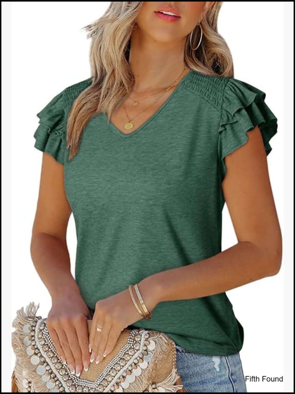 Ruffle Sleeve V-Neck Blouse Soft Knit Tunic Top